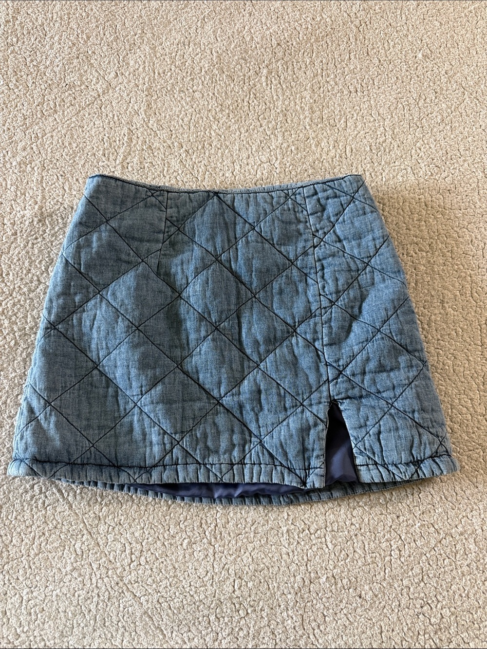 Angel Kiss Quilted Denim-Look Mini Skirt in Blue with Front Slit Medium